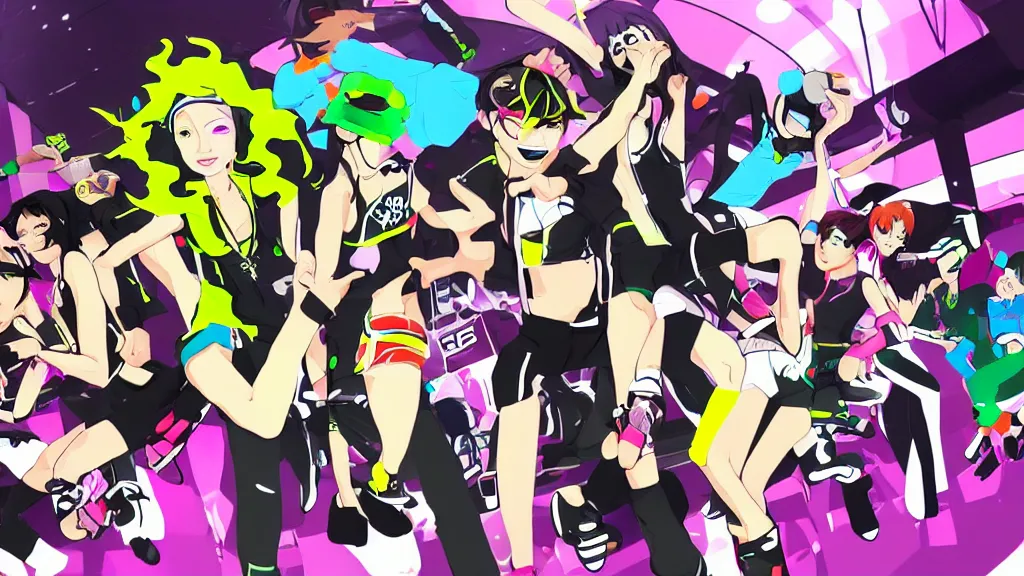 Prompt: jet set radio style anime, with diverse female characters on skates, set in colourful future city