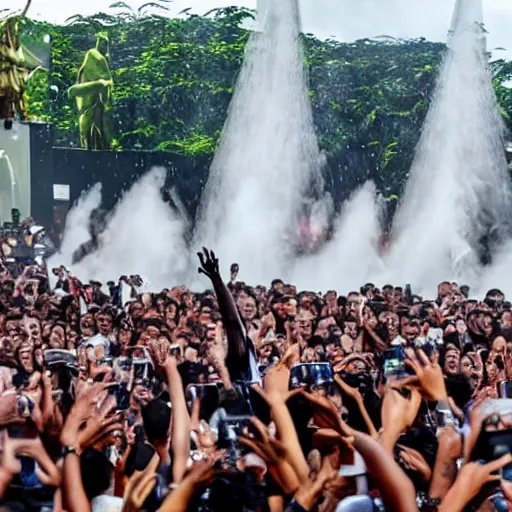 Prompt: Kanye west and Travis Scott performing while raining at plaza de bolivar in armenia quindio, daytime