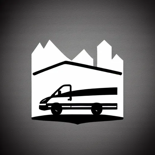 Prompt: minimal professional vector logo featuring a white and black cute thor chateau motorhome camper!, highway, mountains and sunset!!, very happy, professional colorful simple logo vector art