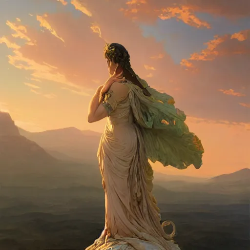 Image similar to an ultradetailed colossal magnificent mountain sized sculpture of an elegant woman, fine detail, sunrise on the horizon in the background, stone hand raised up, 8 k, art by greg rutkowski and alphonse mucha and andreas rocha and albert bierstadt