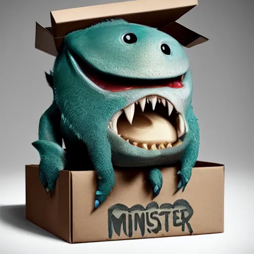 Image similar to cute monster in a box by Greg Rutkowski, product photography, centered, studio lightning