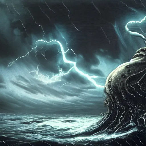 Image similar to cthulhu rising above the ocean and spreading its demonic wings, ominous, dark clouds, storm, lightning seen on the background, lovecraft