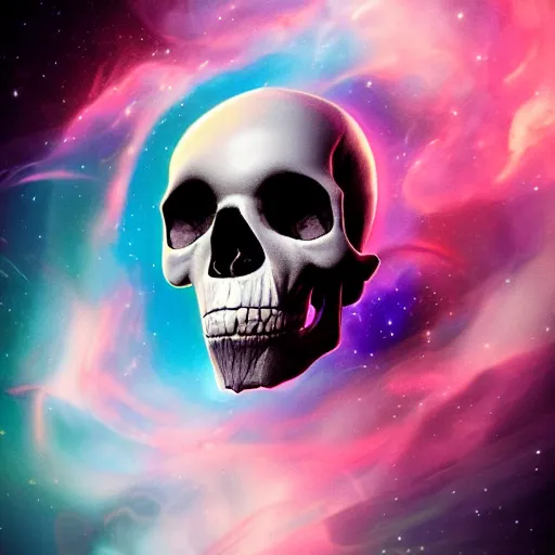 Prompt: dramatic render of a cracking skull flying through a space nebula, cgsociety, artstation, 4k