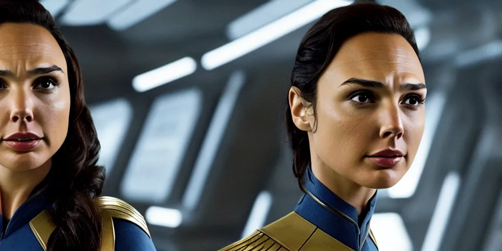 Image similar to gal gadot, in full starfleet uniform, is the captain of the starship enterprise in the new star trek movie