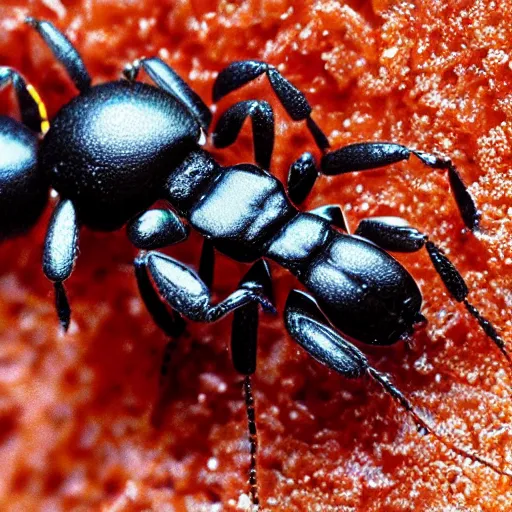 Image similar to ultra detailed photo, close up of ant, with small cowboy sitting on its back