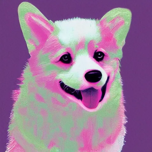 Prompt: happy corgi, pastel pink background, art by typh