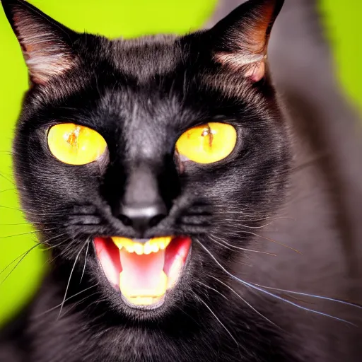 Image similar to black cat with big yellow eyes gazing at the camera with open mouth, 4 k, blurred background, uncanny