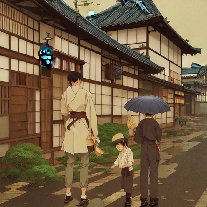 Prompt: japanese rural town, rain, in the style of studio ghibli, j. c. leyendecker, greg rutkowski, artem