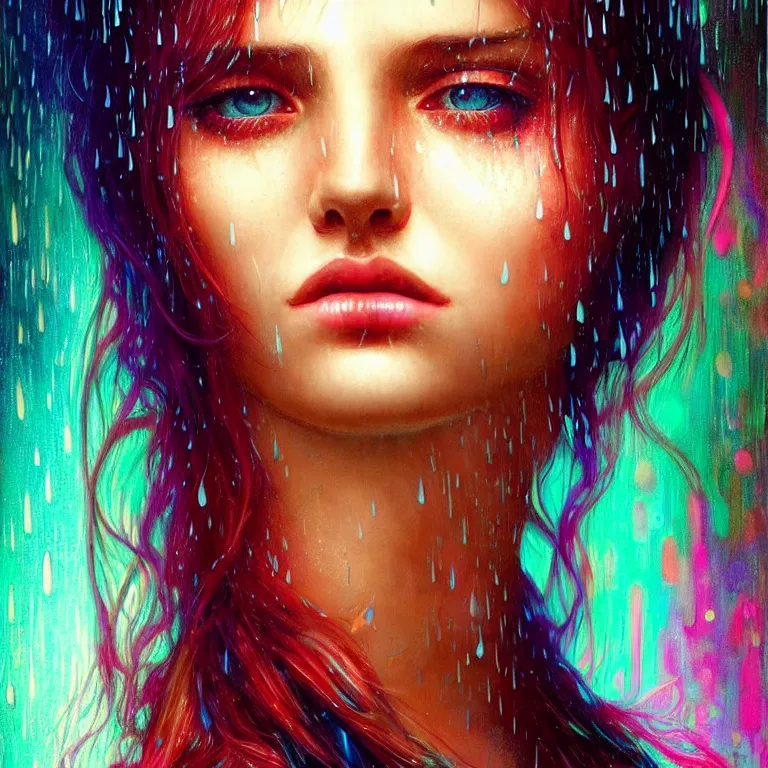 Image similar to bright asthetic portrait LSD glowing backlit rain on face and wet hair, fantasy, intricate, elegant, dramatic lighting, highly detailed, lifelike, photorealistic, digital painting, artstation, illustration, concept art, smooth, sharp focus, art by John Collier and Albert Aublet and Krenz Cushart and Artem Demura and Alphonse Mucha