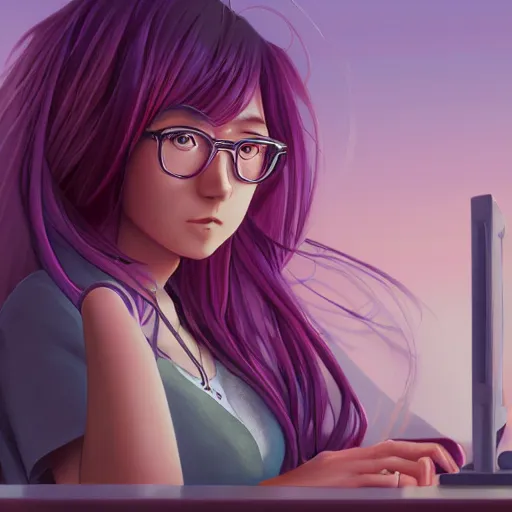 Prompt: advanced anime digital art, beautiful female teacher with long purple and pink hair wearing glasses leaning against a classroom desk at golden hour, Steven Artgerm Lau, WLOP, RossDraws, RuanJia , James Jean, Andrei Riabovitchev, Totorrl, Marc Simonetti, Visual Key, and Sakimichan
