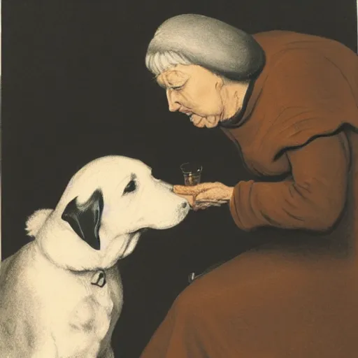 Prompt: an absurdist image of an old woman swallowing a dog