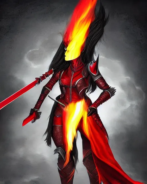 Image similar to digital art of a female warrior with black hair and red eyes, wearing red armor, holding a flaming sword