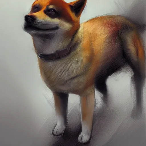 Image similar to portrait of a communist shiba inu dog, tragic, elegant, fantasy, hd shot, digital portrait, beautiful, artstation, comic style, by artgerm, guy denning, jakub rozalski, magali villeneuve and charlie bowater