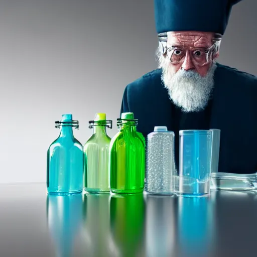 Image similar to an old wizard who is mixing bottles of colored liquids in laboratory, photorealistic, cinematic lighting, highly detailed