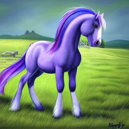 Prompt: a blue realistic pony with purple hair standing in the grass, an ultrafine detailed painting by muggur, featured on deviantart, brony art, flat shading, realistic horse, booru, equine