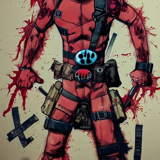 Prompt: Deadpool, zombie, creative design, character design, full body portrait, graffiti, by ashley wood and jamie hewlett