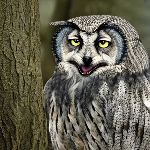 Image similar to mixture between an! owl and wolf, captured in a forest