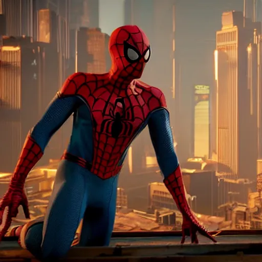 Prompt: a film portrait still of spider - man from cyberpunk 2 0 7 7 unreal engine. realism, cinematic lighting, highly detailed spider - man, 4 k. 8 mm. grainy. panavision.