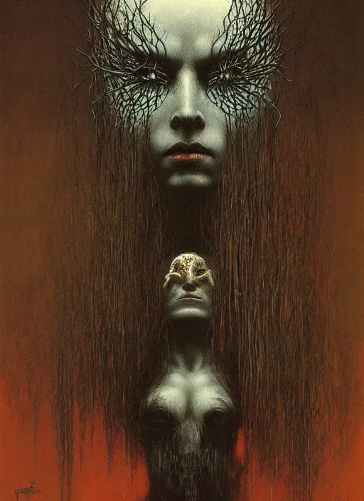 Prompt: portrait of majestic dark necromancer queen by Beksinski and Luis Royo