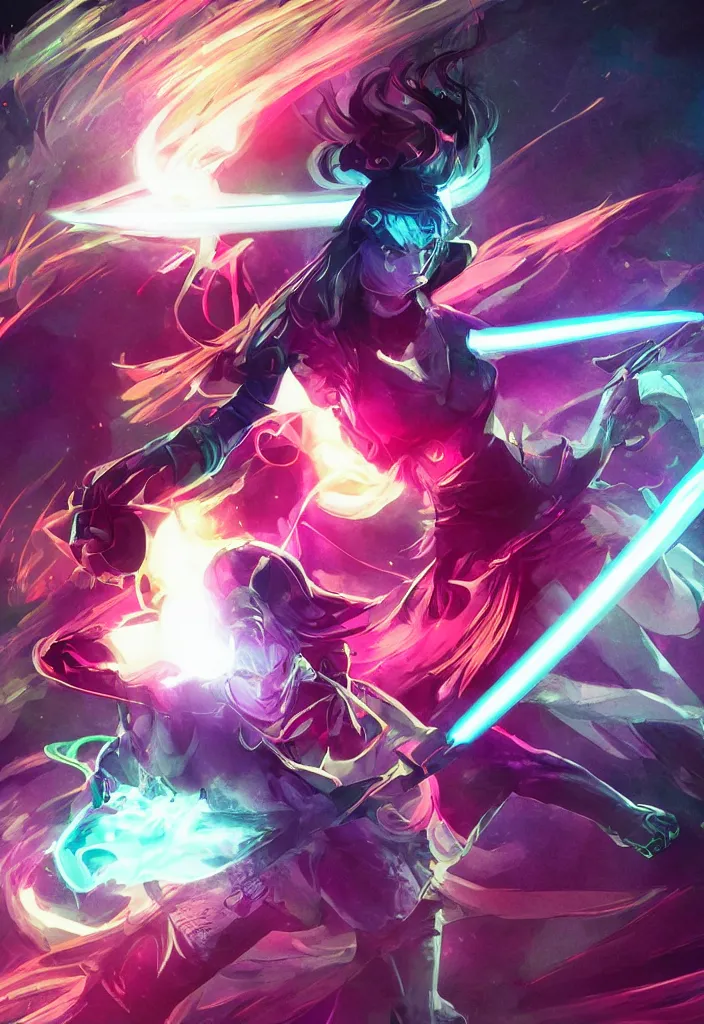 Image similar to , woman with illuminated sword and android with neon gloves fighting a shadow demon, digital effects fantasy ,digital art, illustration, stylized, cel shaded