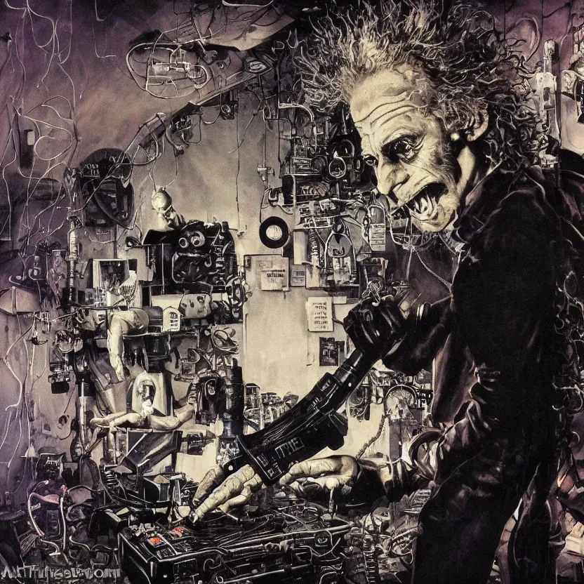 Prompt: a close - up view of a mad scientist with crazy hair experimenting on a television in a blacklight room, dark glowing laboratory, highly detailed science fiction painting by norman rockwell, tim jacobus, simon bisley, and sanjulian. detailed texture, rich colors, high contrast, gloomy atmosphere, dark background. trending on artstation