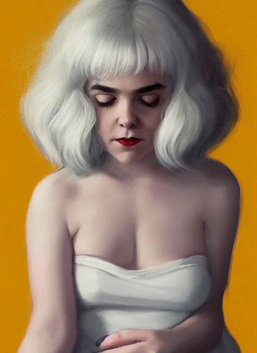 Image similar to full body portrait, kiernan shipka as sabrina spellman, white hair, obese, bangs, sultry, realistic, sultry smirk, fluffy bangs, curly bangs, fat, belly, intricate, elegant, highly detailed, digital painting, artstation, concept art, smooth, sharp focus, illustration, art by wlop, mars ravelo and greg rutkowski