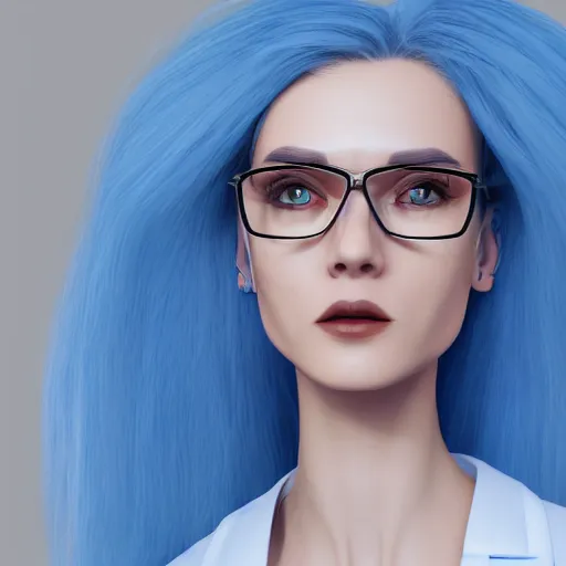 Prompt: Hot young woman, mad scientist, wearing lab coat and a blouse, wearing glasses, long blue hair, cybernetic eye, robotic left arm, cybernetic, futuristic, hyperdetailed, hyperrealistic, digital art, artstation, concept art, 4k, 8k