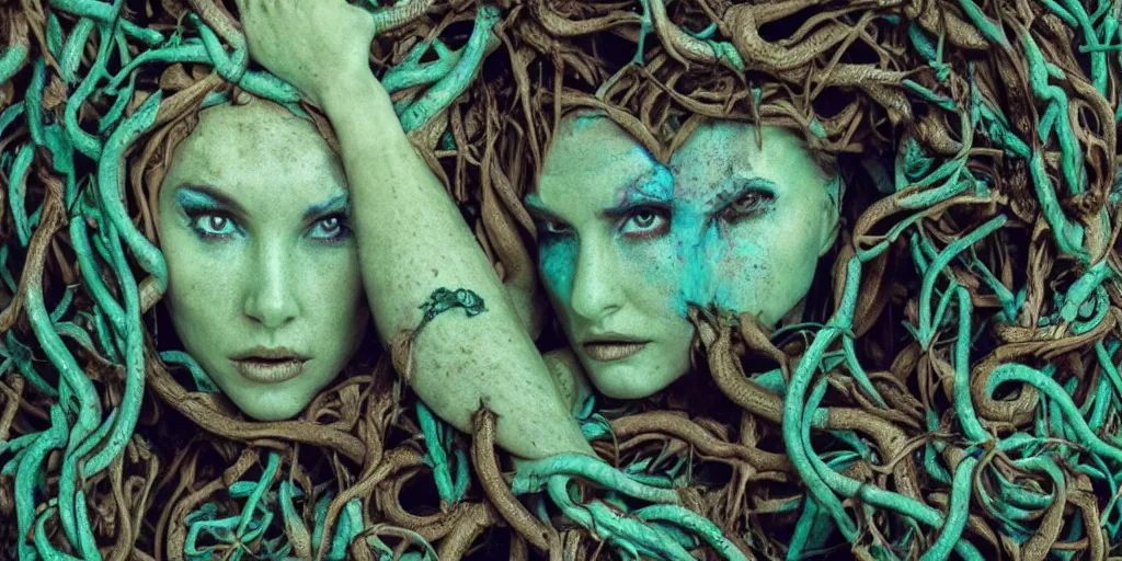 Image similar to queen of snakes, rotting crown of vines, detailed face, piercing green eyes and blue skin