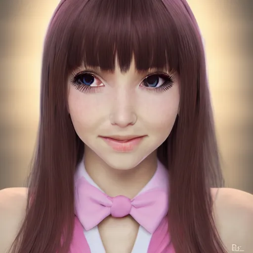 Image similar to Render of Nikki from Shining Nikki Dress-Up Game, a cute 3D young woman, long light pink hair, full bangs, full round face, hazel amber eyes, pale skin, cute freckles, light blush, Chinese heritage, smiling softly, wearing casual clothing, interior lighting, cozy living room background, medium shot, mid-shot, hyperdetailed, trending on Artstation, Unreal Engine 4k