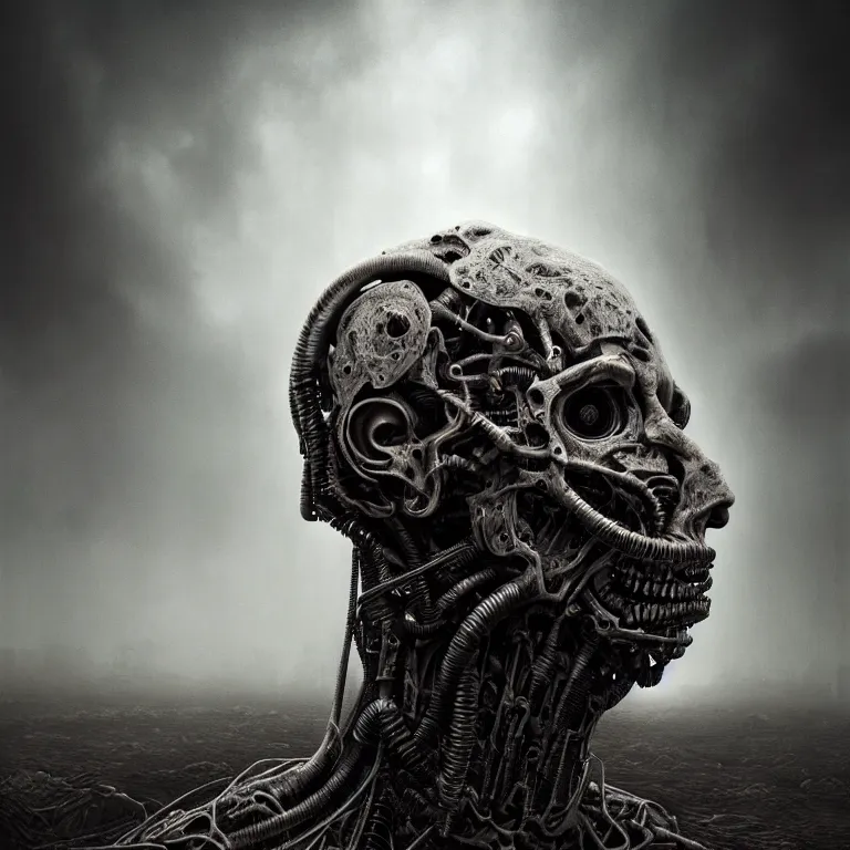 Prompt: ribbed cyborg face portrait, baroque painting, standing in a desolate empty wasteland, creepy, nightmare, dream-like heavy atmosphere, surreal abandoned buildings, beautiful detailed intricate insanely detailed octane render trending on Artstation, 8K artistic photography, photorealistic, chiaroscuro, Raphael, Caravaggio, Beksinski, Giger