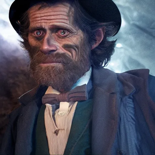 Image similar to willem dafoe as a rough dirty man with a scruffy beard in a dark blue trenchcoat and tophat as the new doctor who, cinematic, volumetric lighting, f 8 aperture, cinematic eastman 5 3 8 4 film, photorealistic