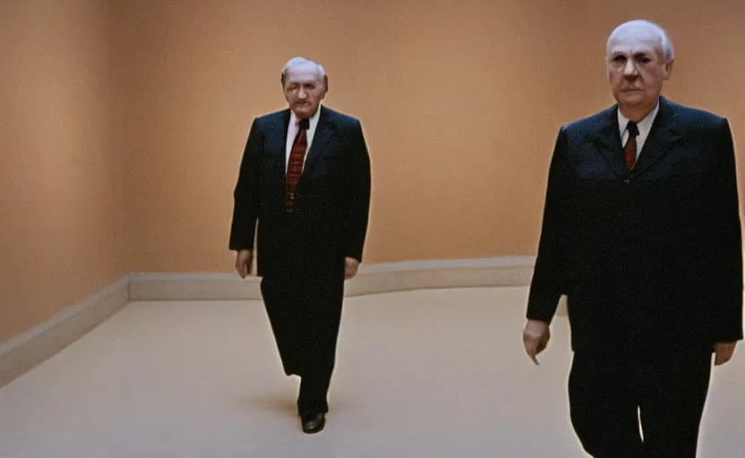 Image similar to 50s movie still close-up portrait of an elder soviet general walking in an empty museum, by David Bailey, Cinestill 800t 50mm eastmancolor, heavy grainy picture, very detailed, high quality video, 4k, HD criterion, precise texture and facial expression