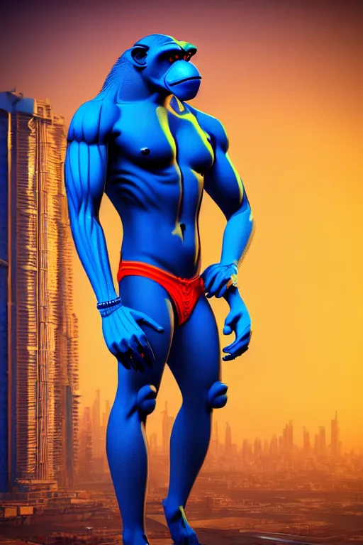 Image similar to high quality 3 d render stylized mischievous cyborg muscular man monkey blue hybrid, neon madhubani, highly detailed, cyberpunk!! mumbai in the background, unreal engine cinematic smooth, szukalski ravi varma, moody light, low angle, uhd 8 k, sharp focus