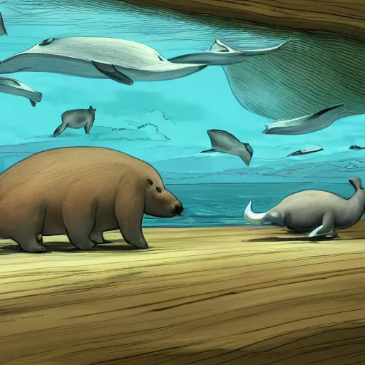 Image similar to capybaras converging on whale evolution, highly detailed concept art