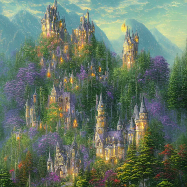 Prompt: a beautiful ultradetailed painting of an elegant high fantasy surreal arcane castle on a green mountain above a forest by thomas kinkade trending on artstation