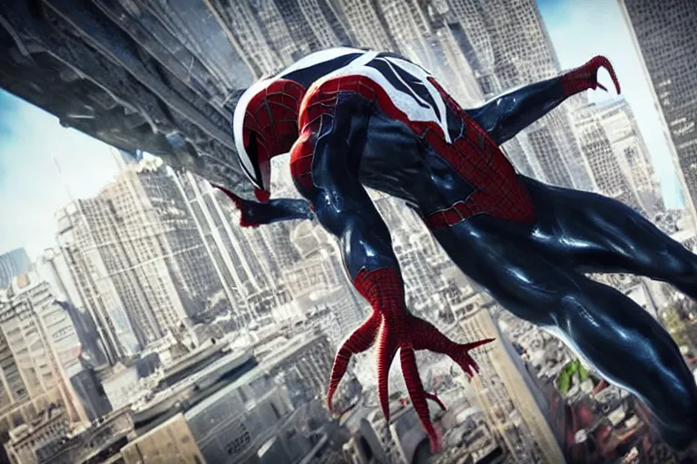 Image similar to venom fused with spider - man, ultra realistic 4 k unreal engine very cinematic render with ray tracing bloom ambient occlusion strong reflections