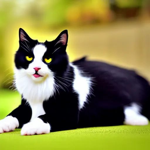 Prompt: tuxedo cat, white cheeks, white paws, yellow eyes, playful, young, catch fly, h 6 4 0