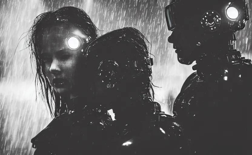 Prompt: cinestill 5 0 d candid photographic portrait by christopher nolan of two loving female androids wearing rugged black mesh techwear in treacherous waters, extreme closeup, modern cyberpunk moody emotional cinematic, pouring rain menacing military helicopter lights, 8 k, hd, high resolution, 3 5 mm, f / 3 2, ultra realistic faces, ex machina