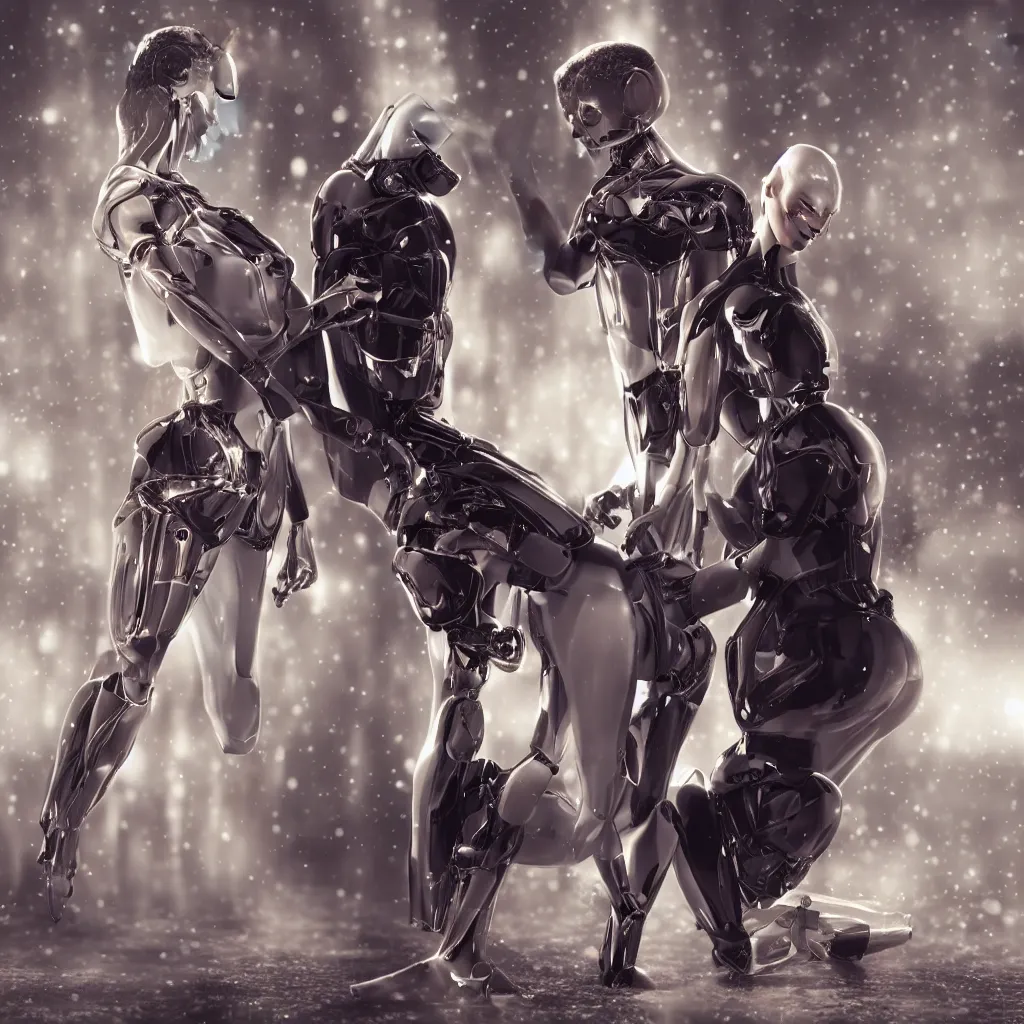 Prompt: male humanoid android proposing to female android, photo realistic image, 4K, super detailed, cinematic look