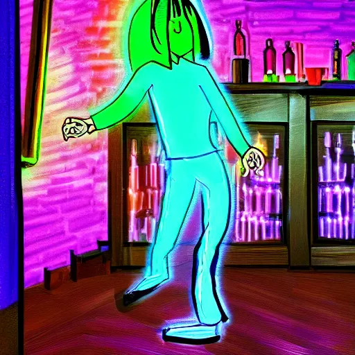 Image similar to Severus Snape dances in a bar, neon, realistic, full body, very detailed, super realistic dramatic view