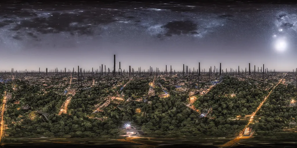 Prompt: a big industrial city metropoli in the distance, cloudy dark sky, it's late at night the moon and the milky way shine, a forest in the foreground, 3 6 0 render panorama, equirectangular projection, seamless