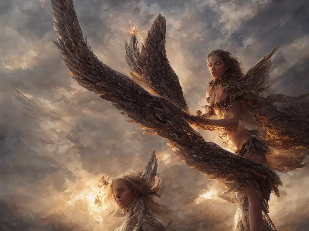 Image similar to angel carries a burning man in the clouds, fantasy art, award winning, dark fantasy, fantasy magic, intricate, elegant, sharp focus, cinematic lighting, highly detailed, digital painting, concept art, art by wlop and artgerm and greg rutkowski, masterpiece, trending on artstation, 8 k