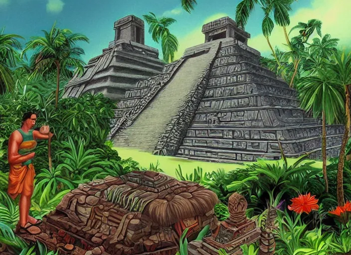 Prompt: Lucasarts background of a mayan temple in the middle of the jungle.