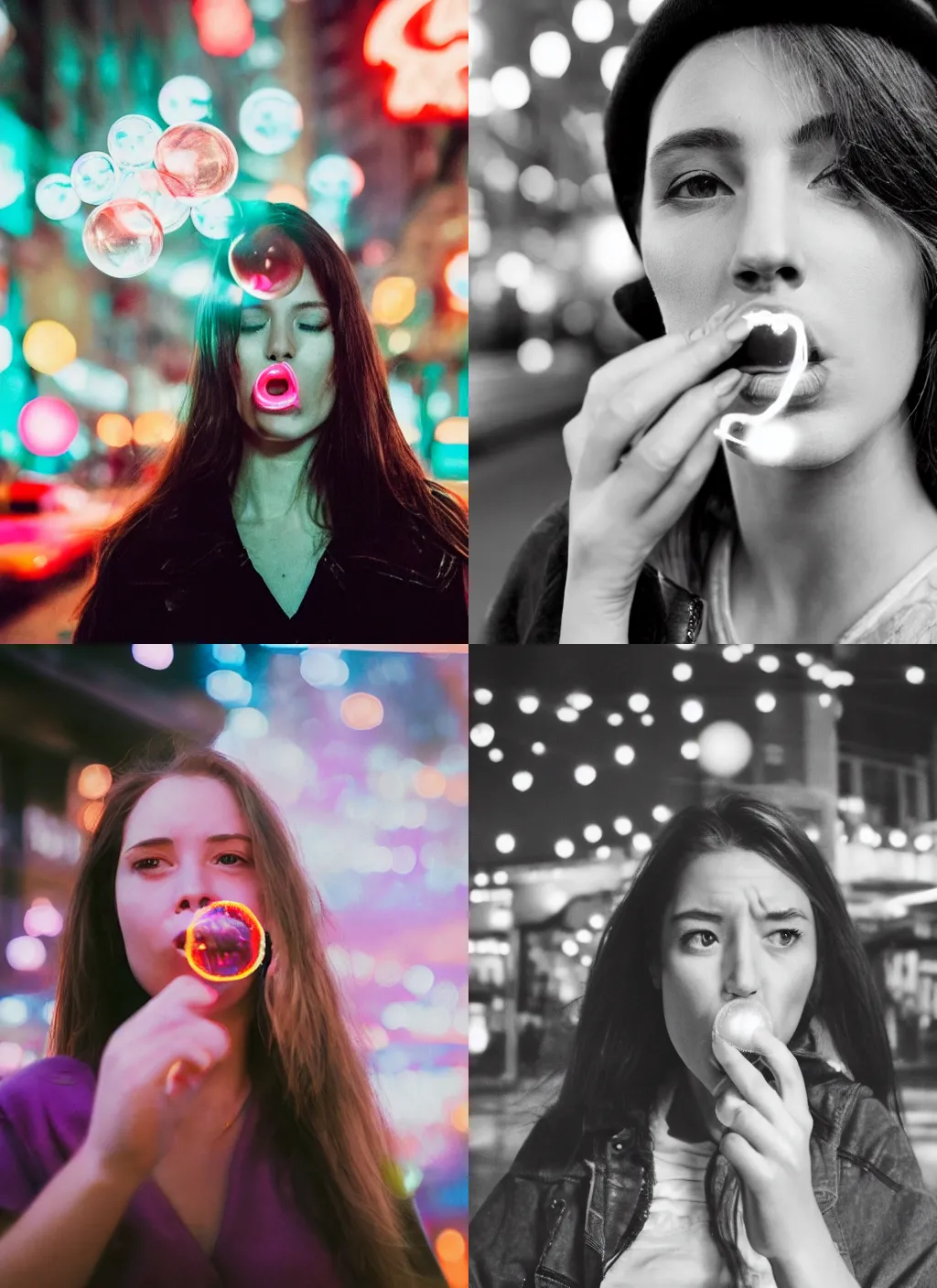 Prompt: A hyper realistic and detailed head portrait photography of a woman blowing a gum bubble by Phoebe Cowley. In the background there are neon signs and glow. Neo noir style. High quality. Cinematic. Extreme Swirly bokeh. Kodak Portra 400 film. Lens flare. Detailed.