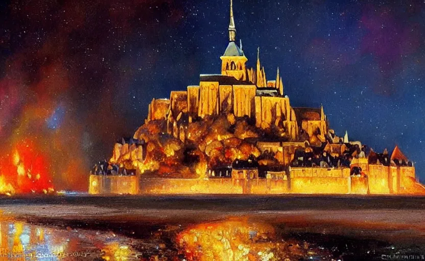 Image similar to Mont Saint Michel on fire at nighttime. Flames, burning. By Konstantin Razumov, highly detailed