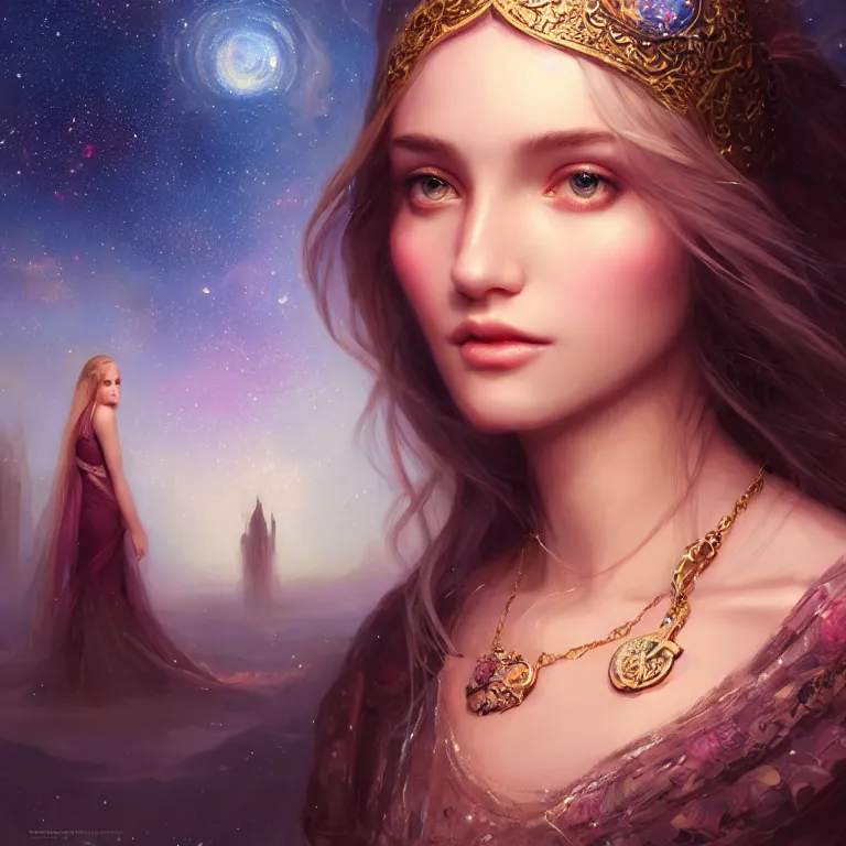 Prompt: masterpiece portrait charming and miracle female luxury astromancer boho accessories in dreamlike movie, elegant, high detailed face, art by artgerm, greg rutkowski, sasoura, satchely, big major starry sky and city in background, uhd, medium long shot, fantasy, twlight, no distorsion, sharp focus,