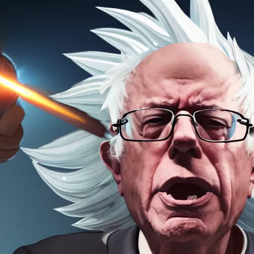 Image similar to bernie sanders with super saiyan hair charging up for a kamehameha, artstation, octane render, highly detailed