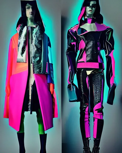 Image similar to an award winning fashion photograph for Balenciaga's futuristic cyberpunk Bladerunner 2049 fall line, hyperrealism, dazzle camouflage!, dayglo pink, dayglo blue, raven black