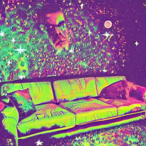 Prompt: psychedelic trippy couch in space, planets, milky way, sofa, rob zombie, arnold fischer, croissant, 1 9 9 0 grunge basement, richard parker, extremely toxic, forensic files, crazy trippy, bad trip, train with couch, chesterfield, old couch, rickety couch, stained couch