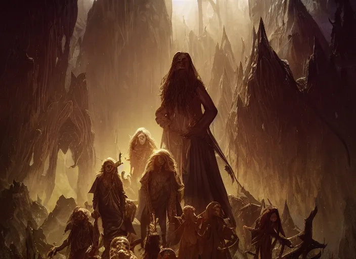 Prompt: a dramatic highly detailed render of smeagols family , Middle-earth , by WLOP and Artgerm and Greg Rutkowski and Alphonse Mucha, Beautiful dynamic dramatic dark moody lighting, shadows, cinematic atmosphere, Artstation, concept design art, Octane render, 8K, masterpiece, sharp focus, hyperrealistic